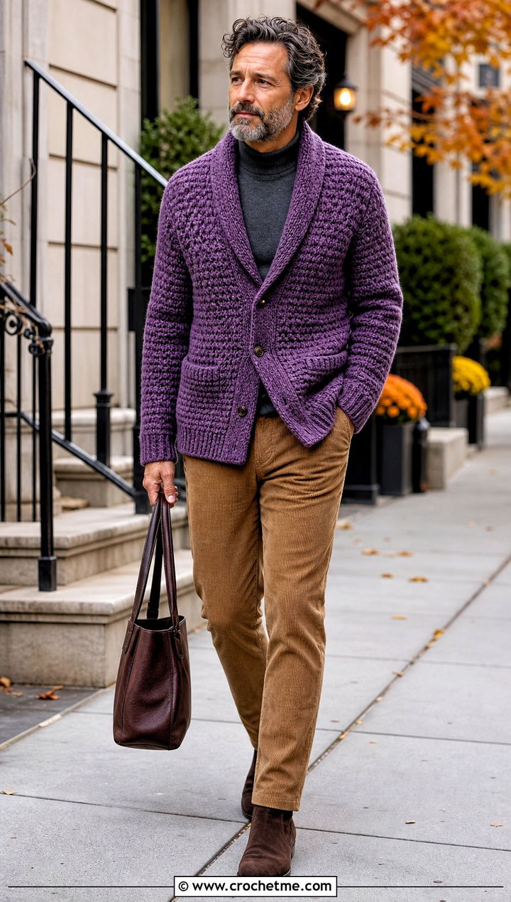 Crochet Shawl Collar Cardigan With Corduroy Pants - 25 crochet men's clothes and outfit ideas