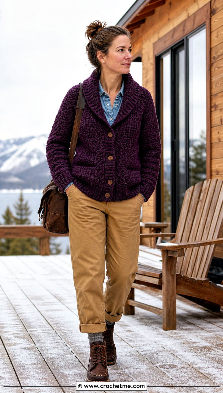 Crochet Shawl Collar Cardigan With Work Pants - 30 Masc Crochet Clothes and outfit ideas