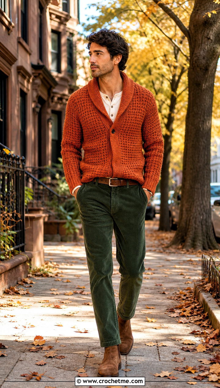 Crochet Shawl Collar Sweater With Corduroy Pants - 30 Easy Crochet Mens Sweater outfit ideas