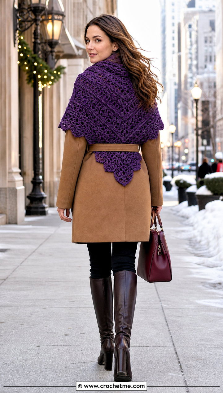 Crochet Shawl Scarf With Belted Coat - 35 crochet scarves outfit ideas