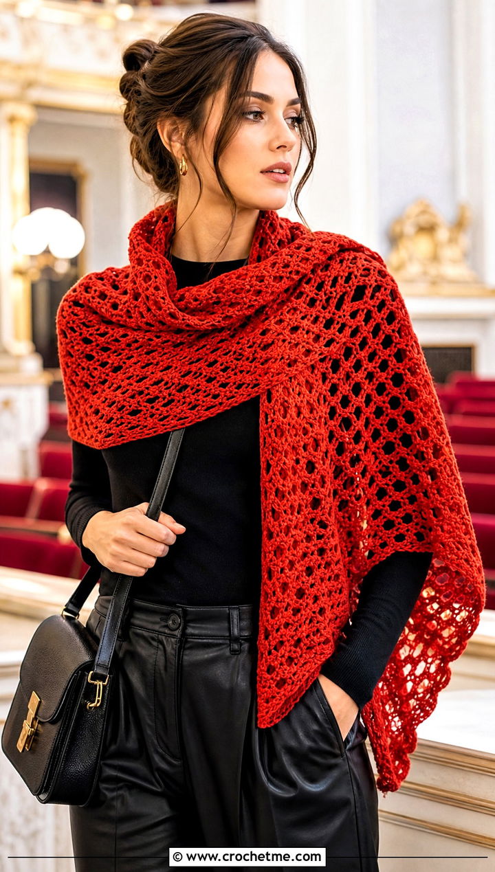 Crochet Shawl Scarf With Leather Pants - 25 Wednesday Crochet Scarf outfit ideas