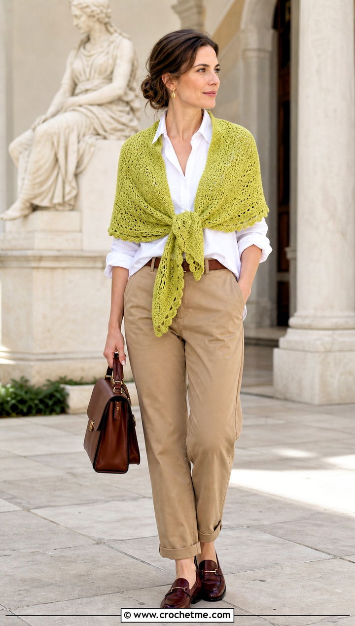 Crochet Shawlette With Button Down Shirt And Chinos - 30 crochet shawl wrap outfit ideas
