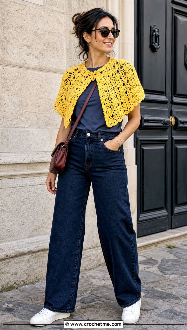 Crochet Shawlette With T Shirt And Wide Leg Jeans - 20 Elegant Crochet Shawl outfit ideas