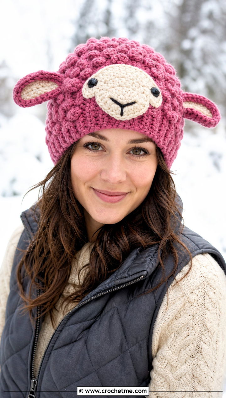 Crochet Sheep Bobble Hat With Cable Knit Sweater - 20 Crochet Character Hat outfit ideas