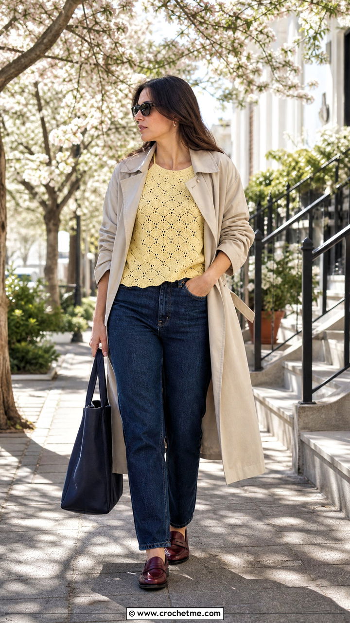Crochet Shell Sleeveless Top With A Trench Coat And Jeans - 35 crochet sleeveless top outfit ideas