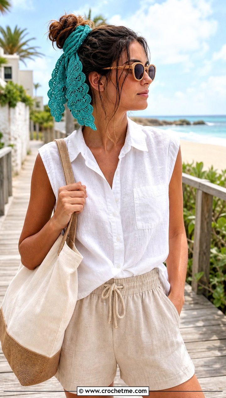 Crochet Shell Stitch Hair Tie Scarf With Linen Beach Outfit - 20 crochet hair tie scarf outfit ideas