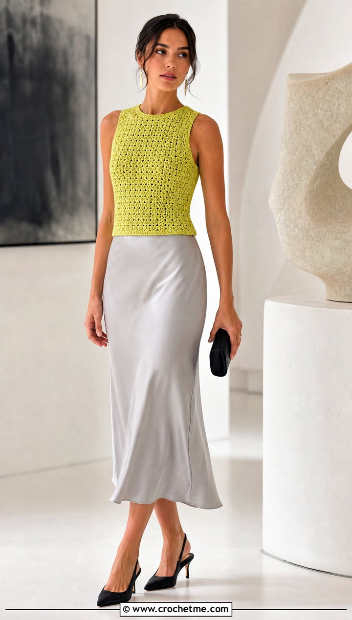 Crochet Shell Top With A Satin Midi Skirt - 25 crochet for tops outfit ideas