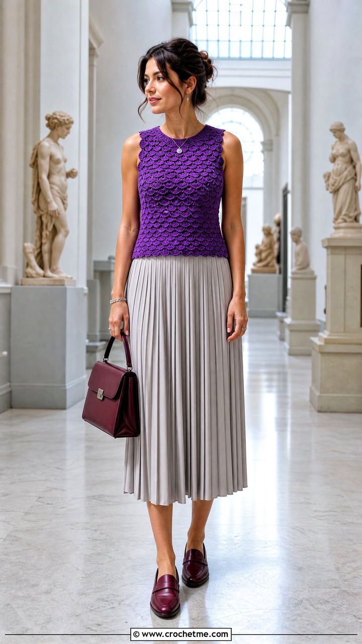Crochet Shell Top With Pleated Midi Skirt - 35 Basic Crochet Top outfit ideas