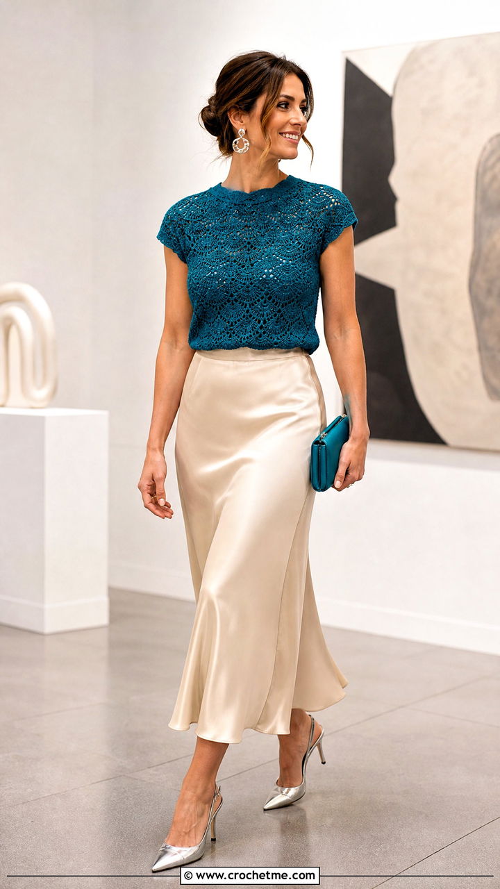 Crochet Shell Top With Satin Midi Skirt - 35 aesthetic crochet tops outfit ideas
