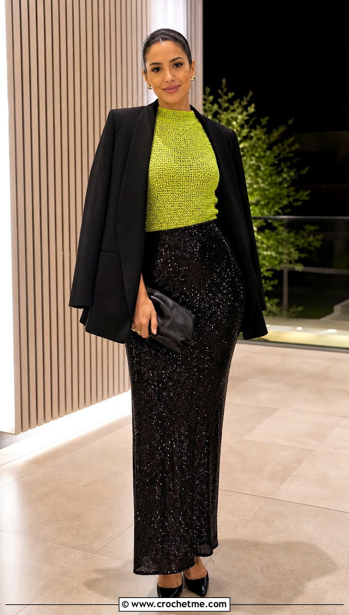 Crochet Shell Top With Sequin Maxi Skirt - 30 crochet top and long skirt outfit ideas