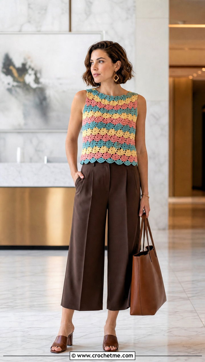 Crochet Shell Top With Tailored Culottes - 30 multi color crochet top outfit ideas