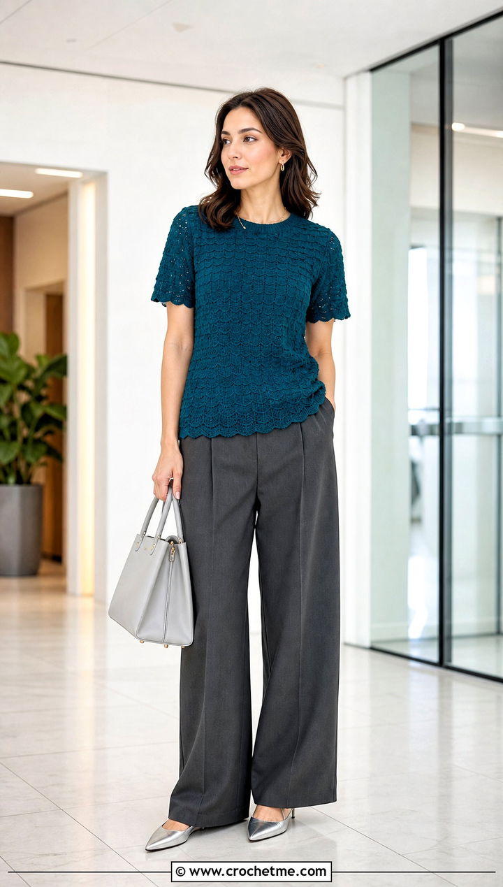 Crochet Shell Top With Tailored Trousers - 25 crochet top not cropped outfit ideas