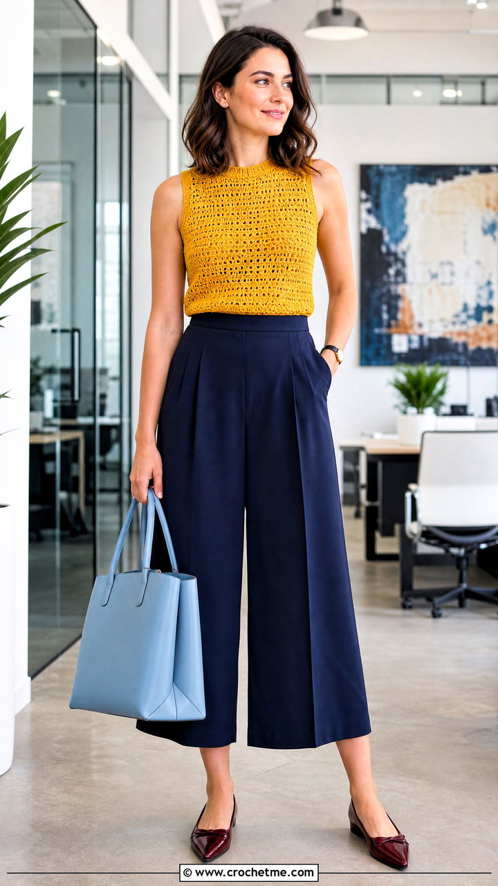 Crochet Shell Top With Wide Leg Culottes - 35 trendy crochet tops outfit ideas