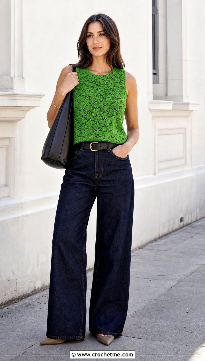 Crochet Shell Top With Wide Leg Jeans - 15 crochet tops on hangers outfit ideas