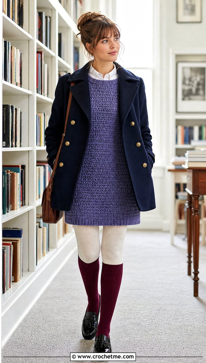 Crochet Shift Dress With Knee High Socks - 30 crochet dress for winter outfit ideas