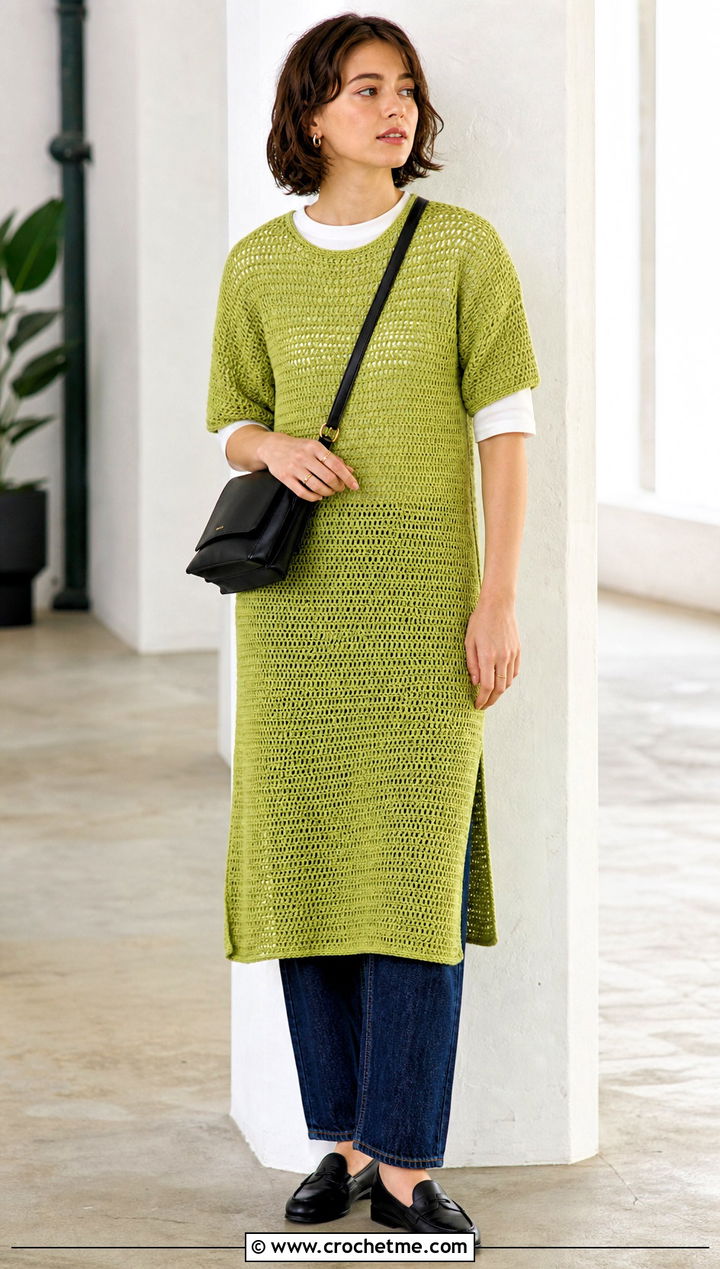 Crochet Shift Dress With Straight Leg Jeans - 30 modest crochet dress outfit ideas
