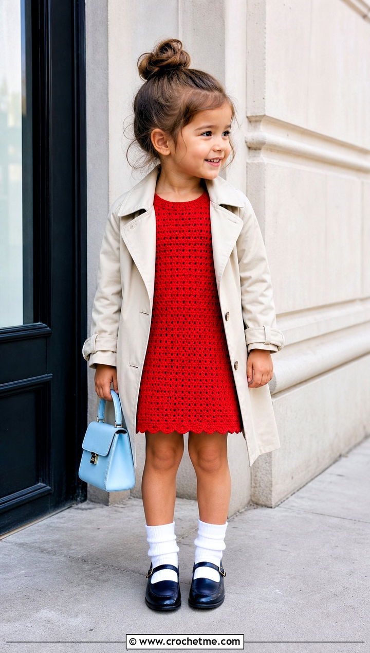 Crochet Shift Dress With Trench Coat And Loafers - 15 5T Crochet Dress outfit ideas