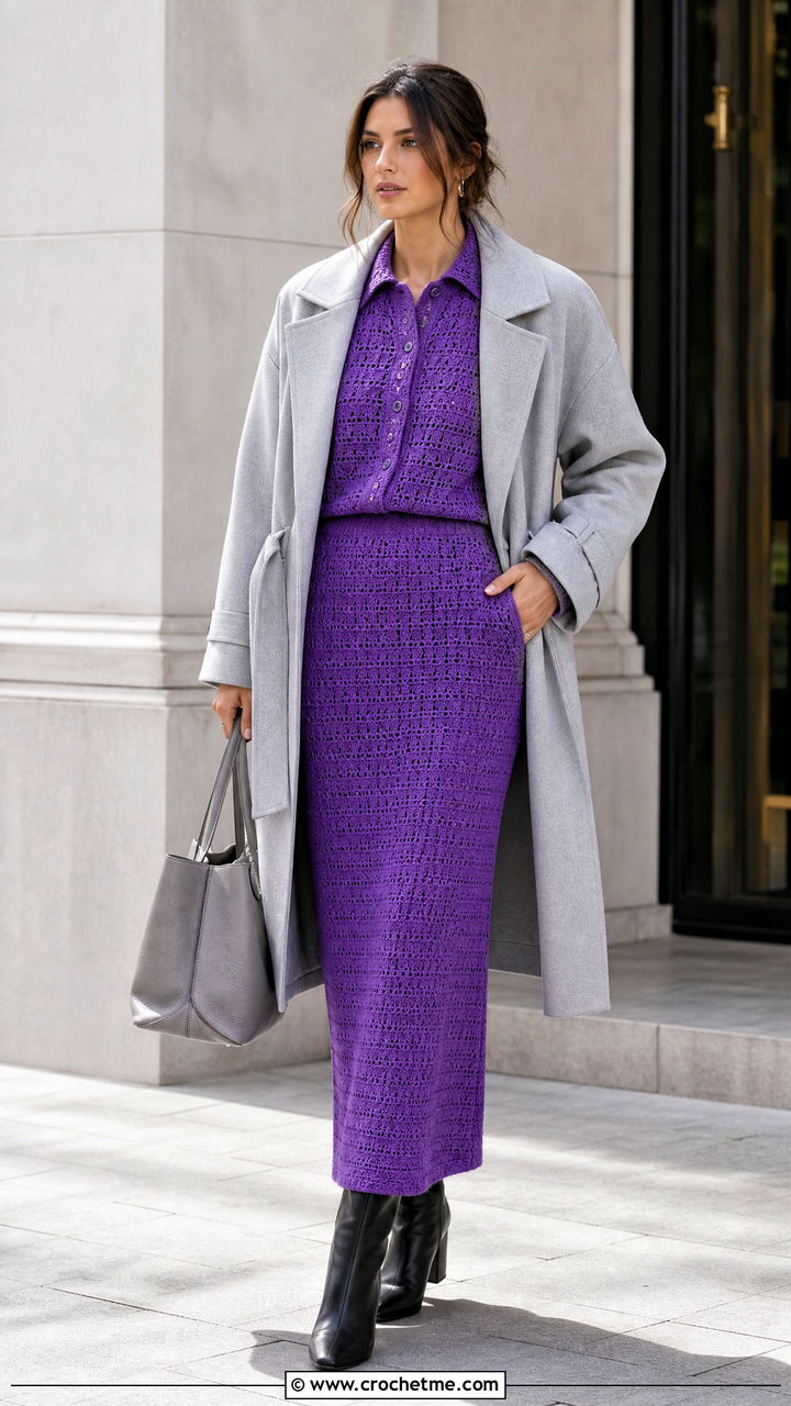 Crochet Shirt And Maxi Skirt Set With Belted Coat - 35 crochet skirt set outfit ideas