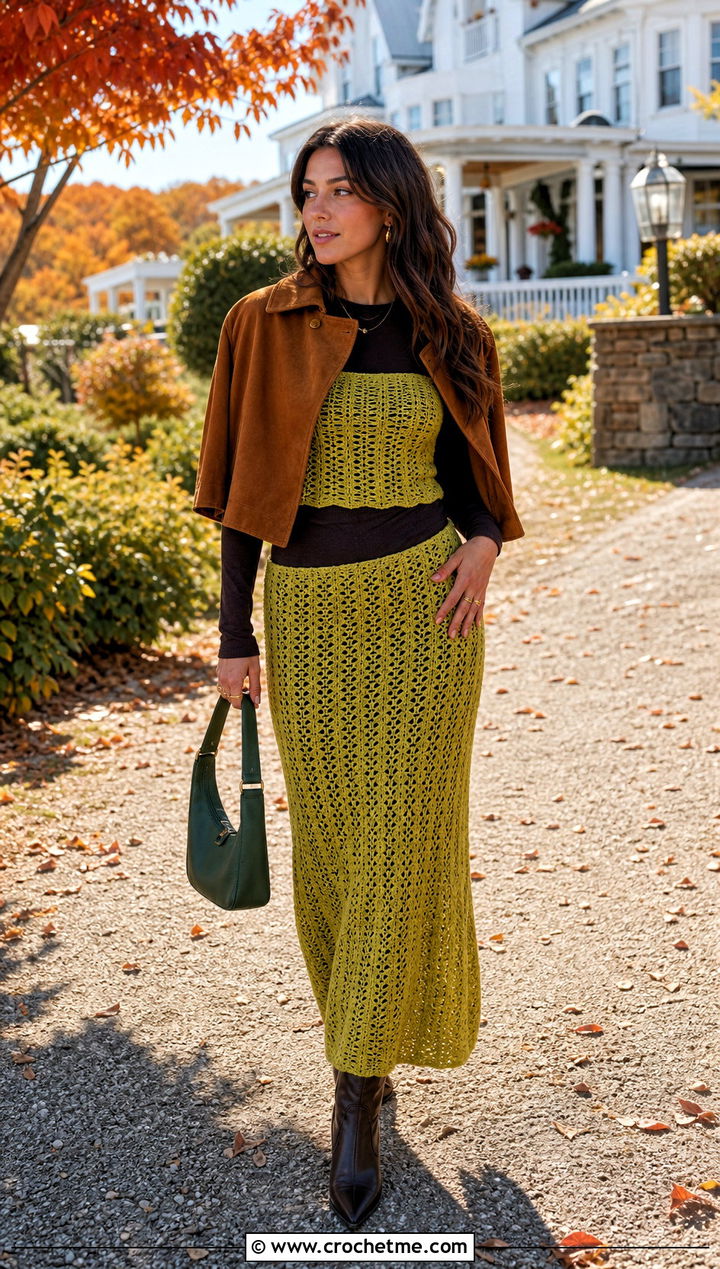 Crochet Shirt Bandeau And Maxi Skirt Set With Suede Coat - 15 Autumn Crochet Clothing Set outfit ideas