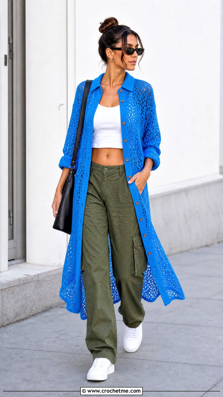 Crochet Shirt Dress Cover Up With Cargo Pants - 35 crochet cover up outfit ideas