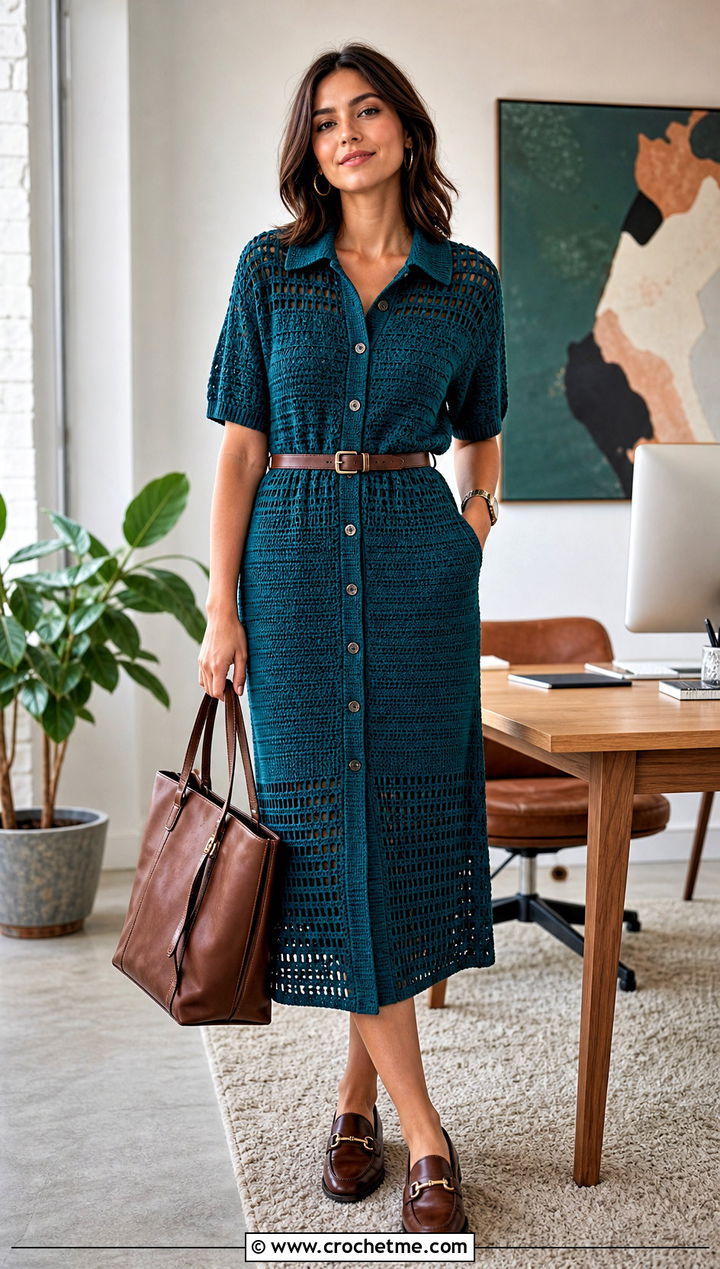 Crochet Shirt Dress With Belt and Loafers - 30 crochet fancy dress outfit ideas
