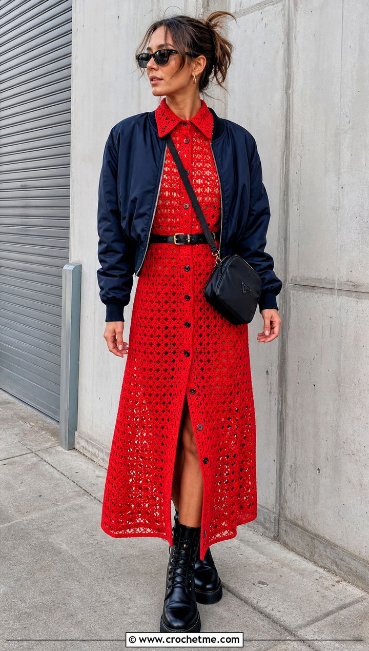 Crochet Shirt Dress With Combat Boots - 30 crochet dress for winter outfit ideas