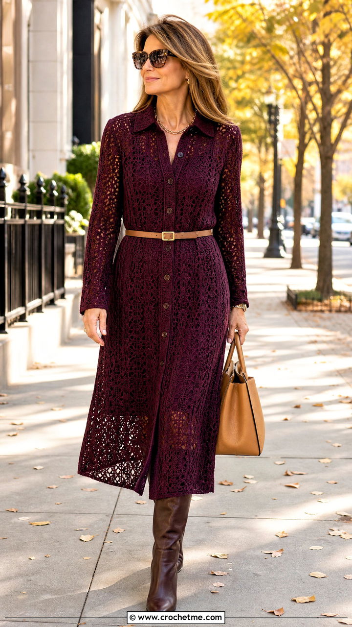 Crochet Shirt Dress With Knee High Boots - 35 cute crochet outfits ideas