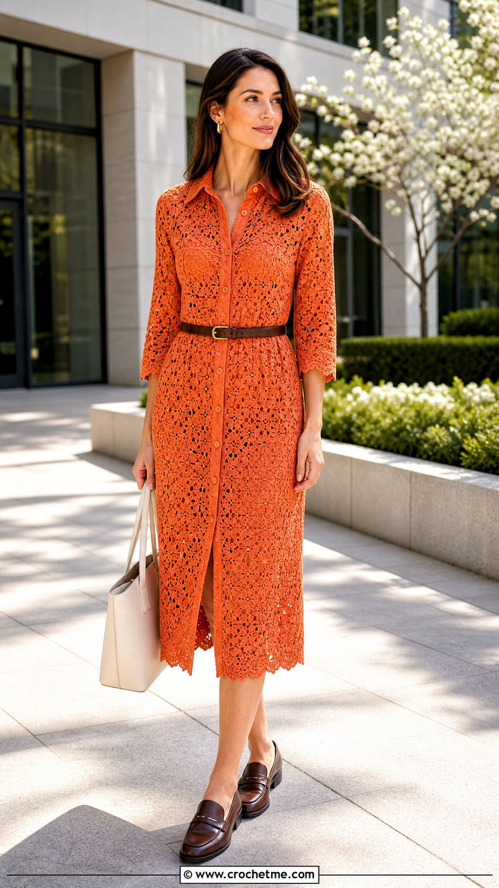 Crochet Shirt Dress With Loafers - 35 easy crochet dress outfit ideas