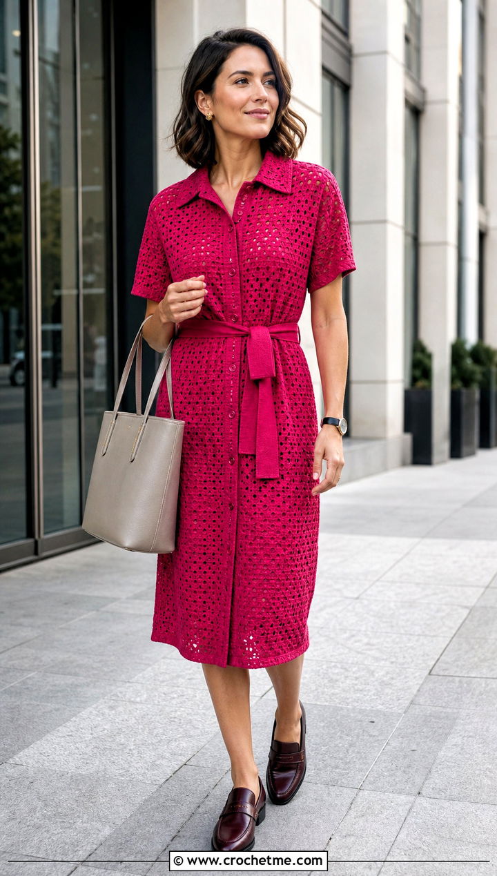 Crochet Shirt Dress With Loafers - 30 fancy crochet dress outfit ideas