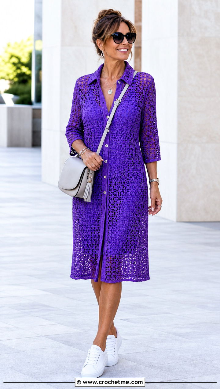 Crochet Shirt Dress With Sneakers - 30 outfits to crochet outfit ideas