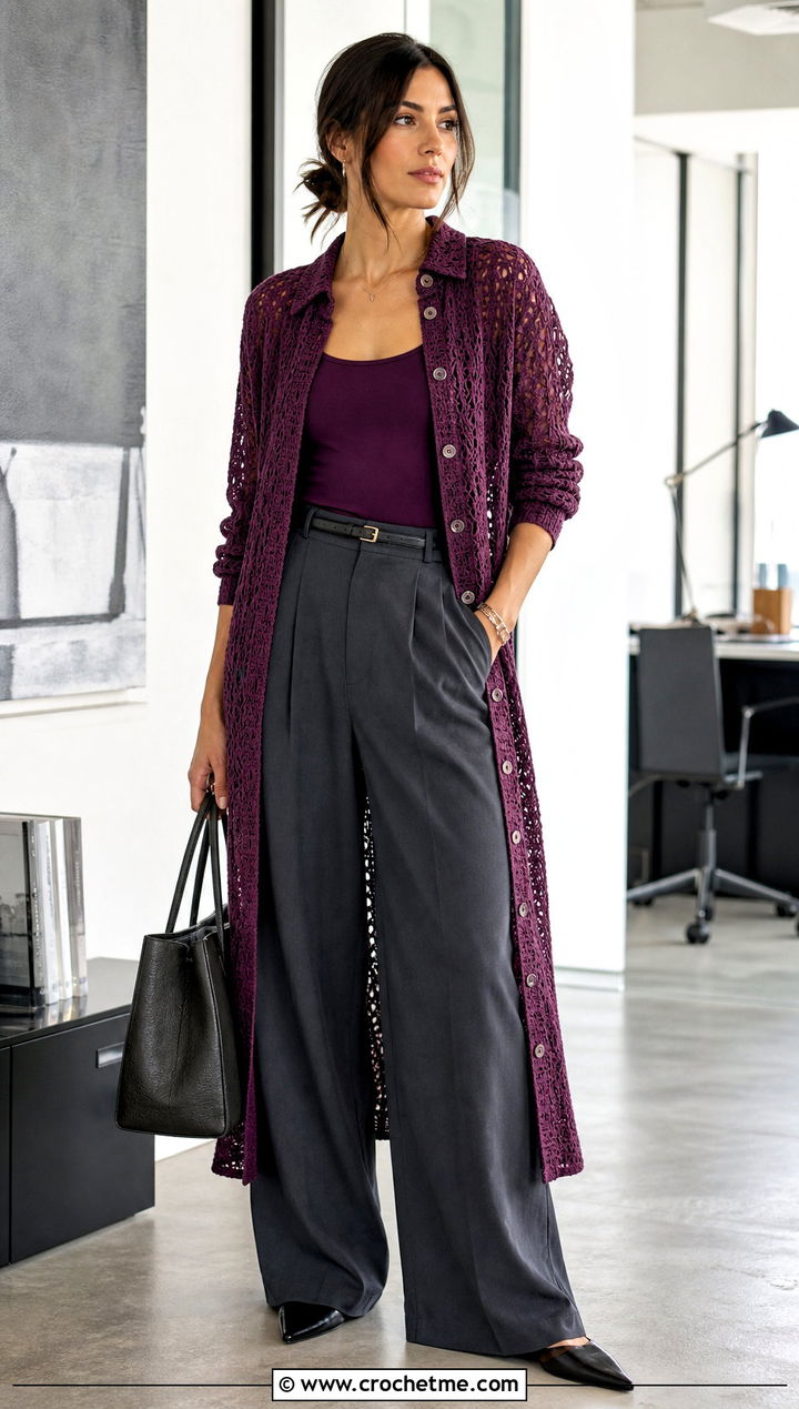Crochet Shirt Dress With Tailored Trousers - 15 dress crochet dress outfit ideas