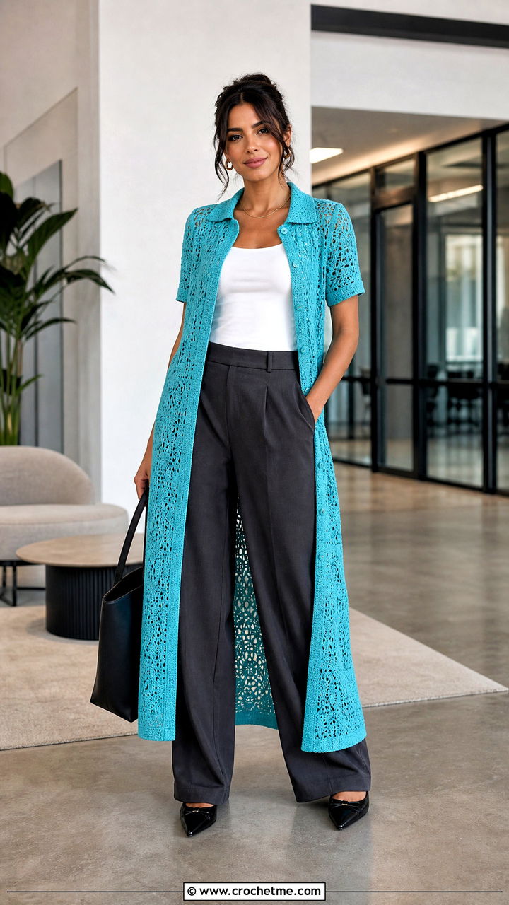 Crochet Shirt Dress With Tailored Trousers - 35 simple crochet dress women outfit ideas