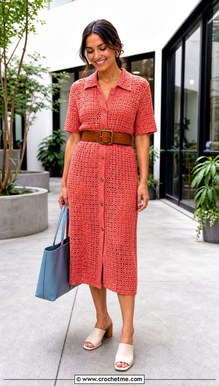 Crochet Shirt Dress With Wide Belt - 15 colorful crochet dress on hanger outfit ideas