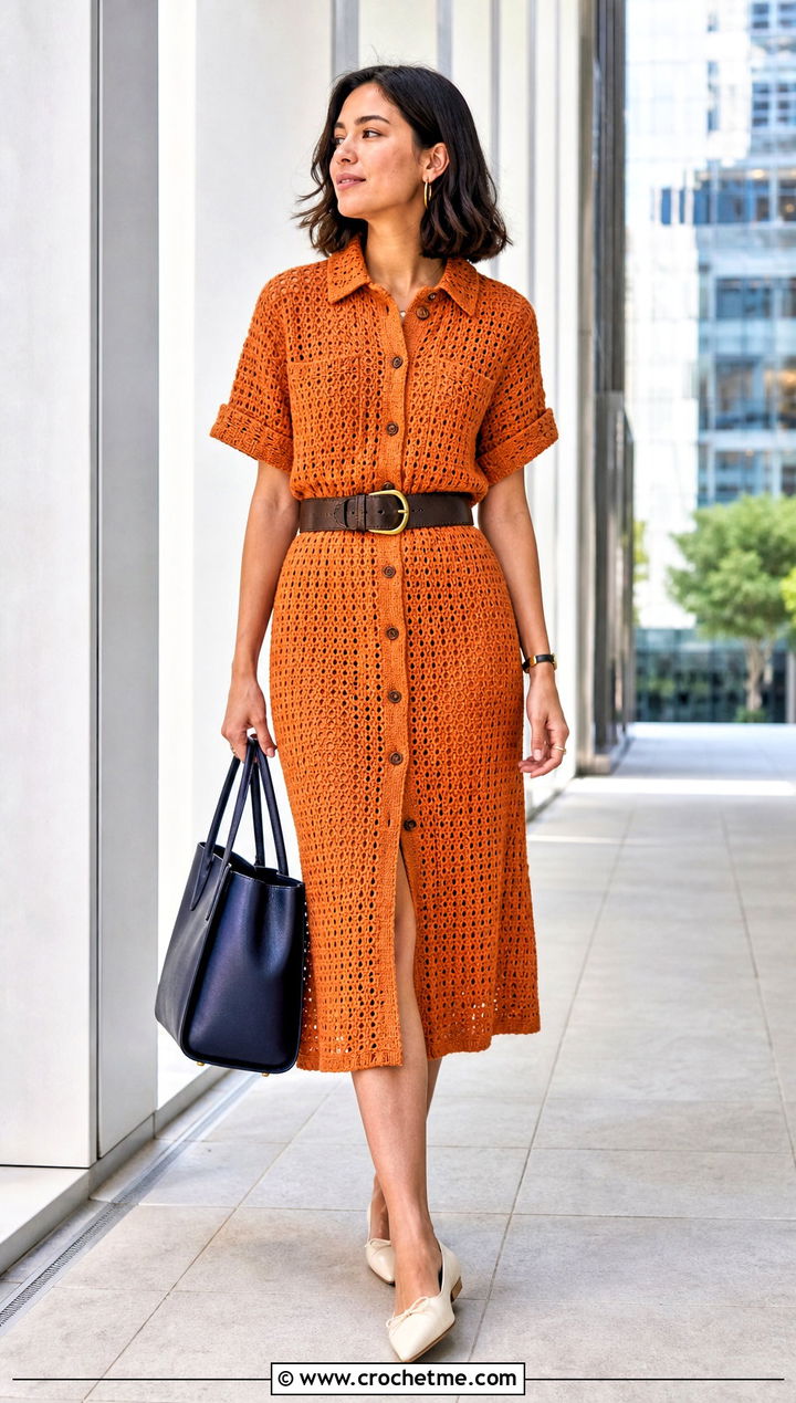 Crochet Shirt Dress With Wide Leather Belt - 35 cute crochet dress ideas