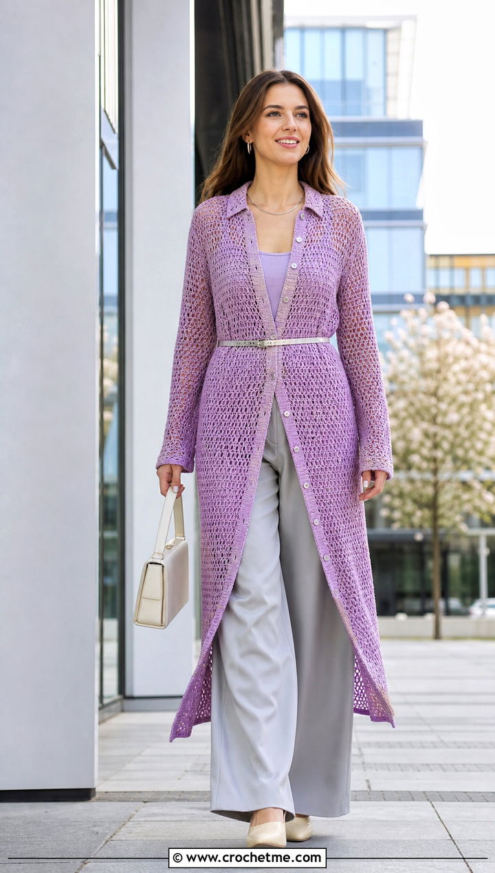 Crochet Shirt Dress With Wide Leg Pants And Mules - 15 Spring Style Crochet Dress outfit ideas