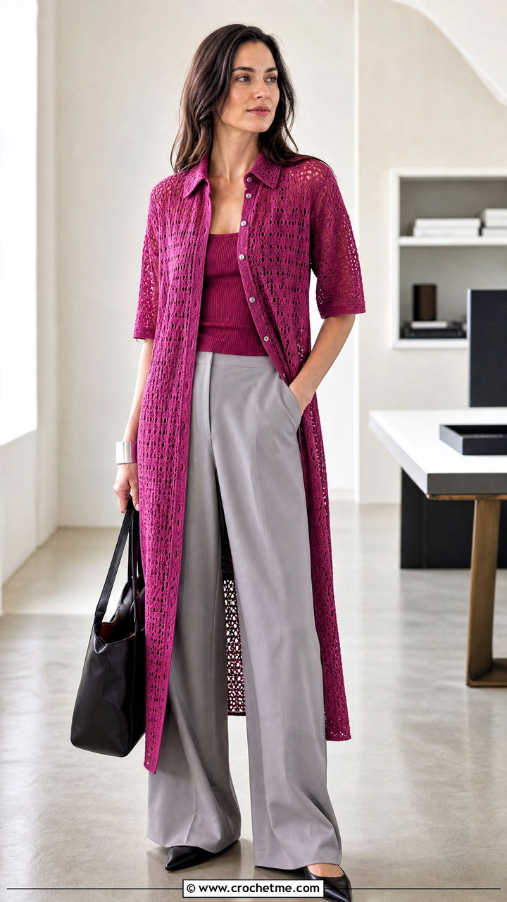 Crochet Shirt Dress With Wide Leg Trousers - 35 crocheted dress outfit ideas