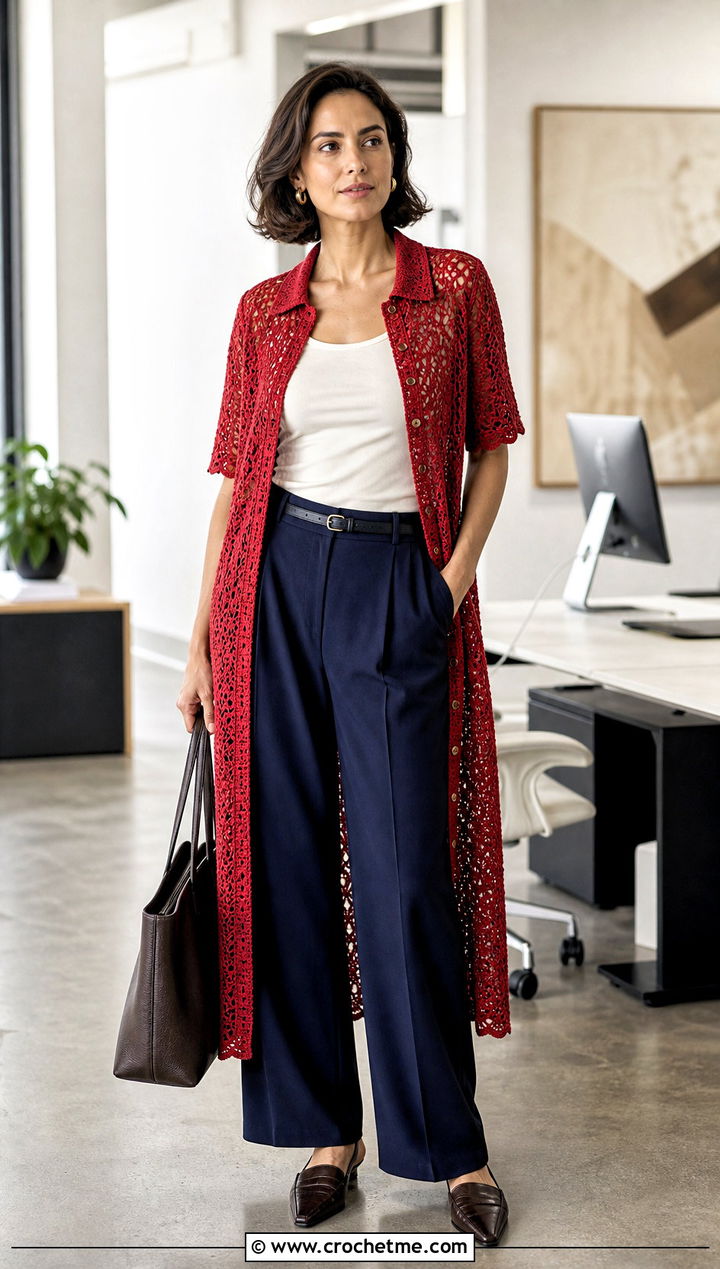 Crochet Shirt Dress With Wide Leg Trousers - 35 vintage crochet dress outfit ideas