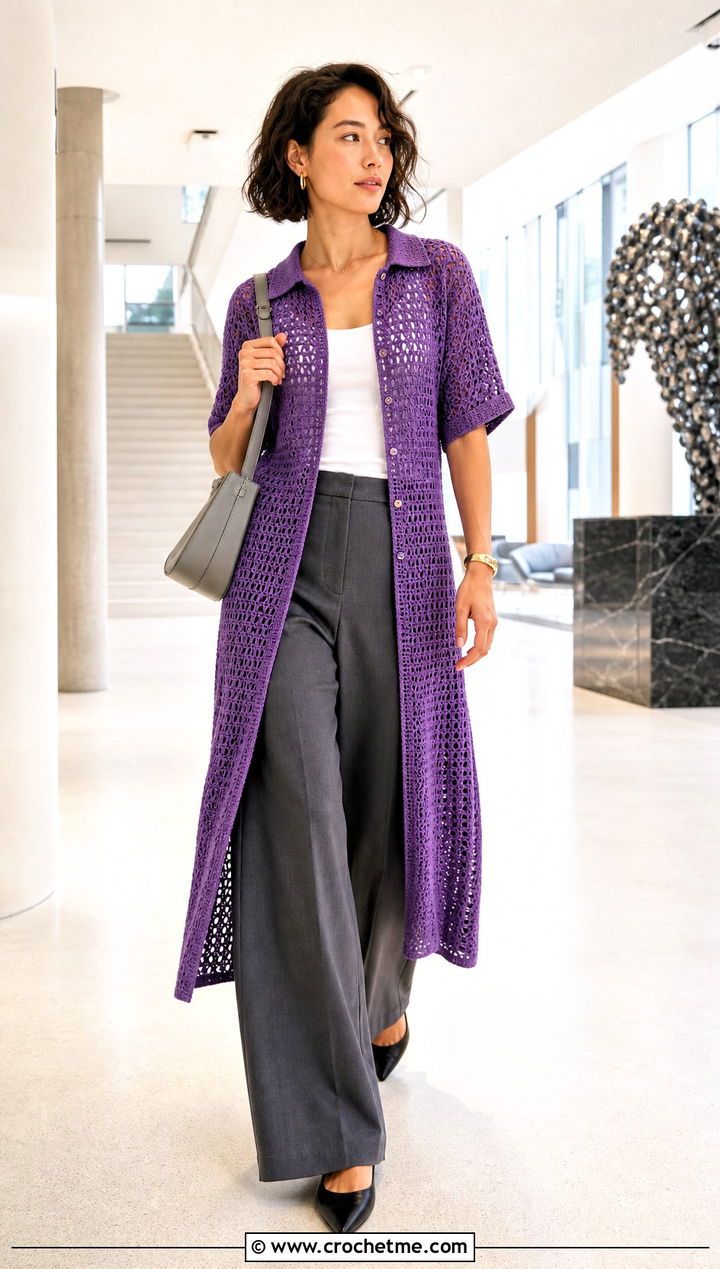 Crochet Shirt Dress With Wide Leg Trousers - 15 crocheted dresses for women outfit ideas