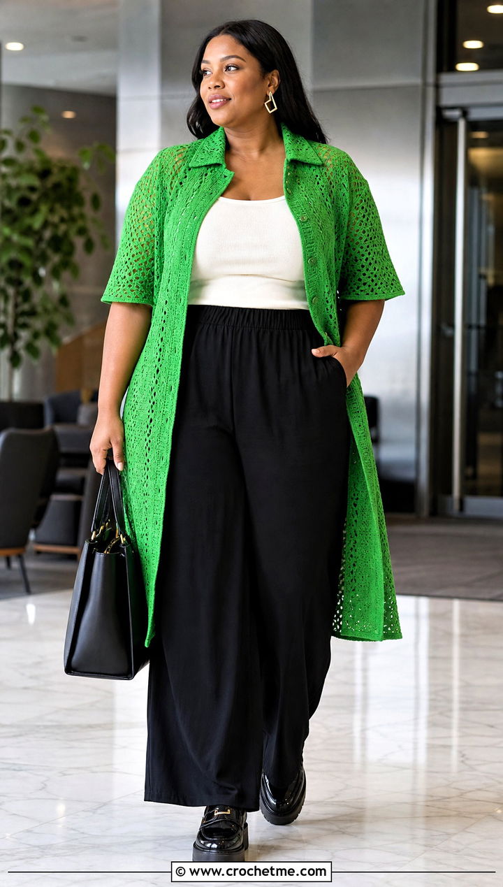 Crochet Shirt Dress With Wide Leg Trousers - 15 plus size crochet dress outfit ideas