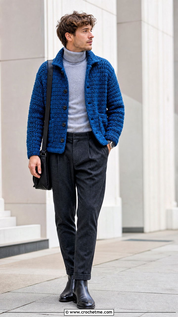 Crochet Shirt Jacket With A Turtleneck - 35 crochet men shirt outfit ideas