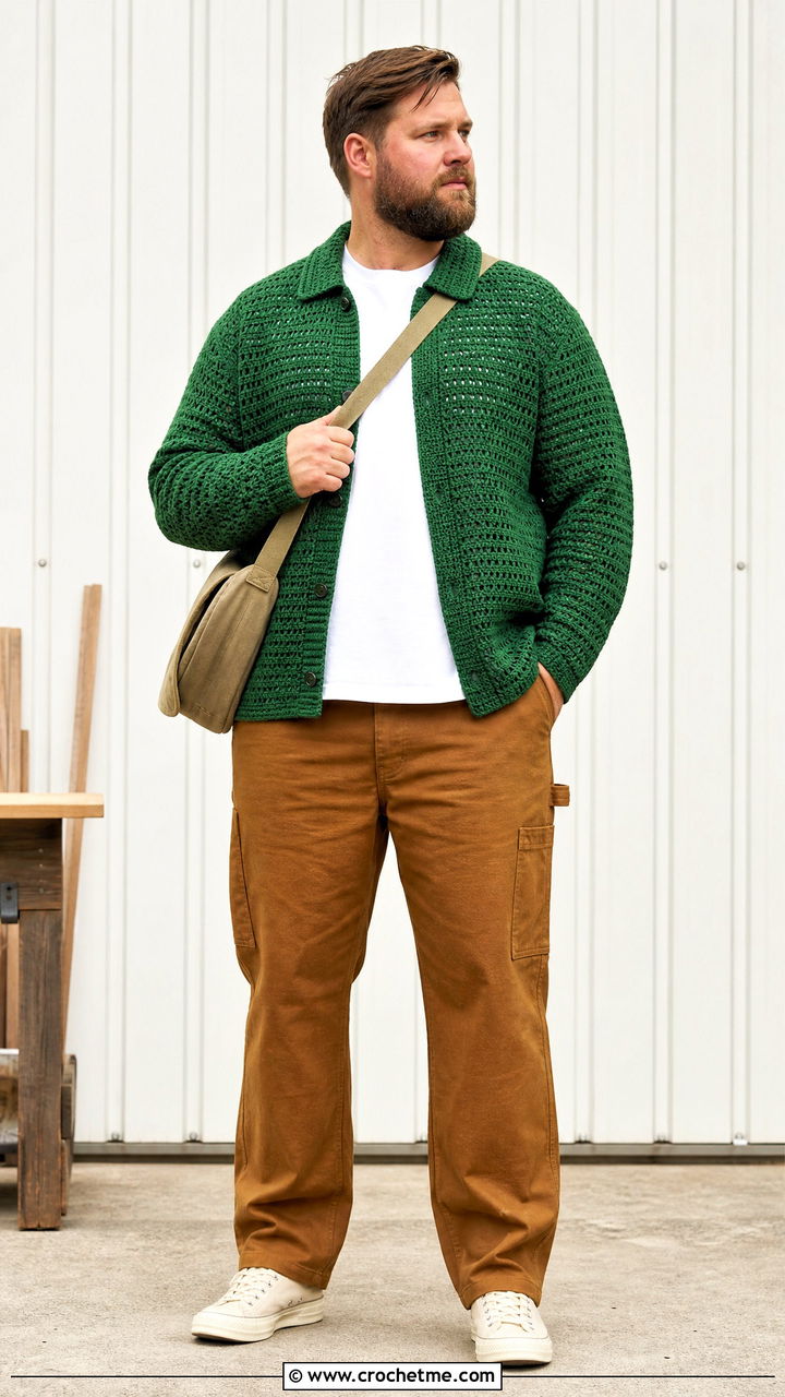 Crochet Shirt Jacket With Carpenter Pants - 35 crochet male shirt outfit ideas