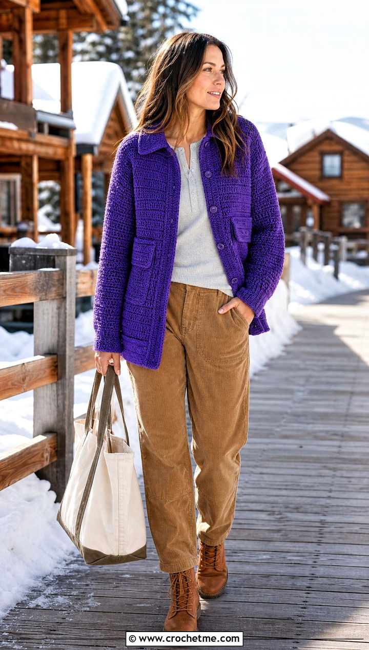 Crochet Shirt Jacket With Corduroy Pants - 25 Winter Crochet Clothes and outfit ideas
