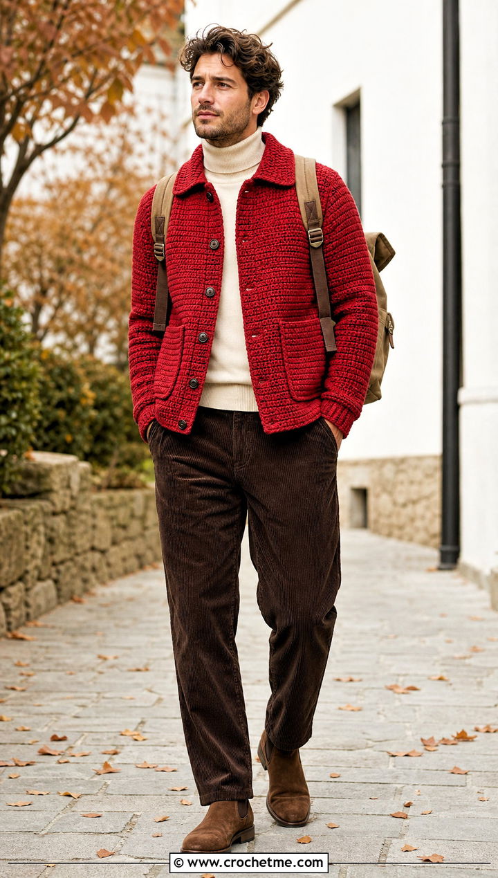 Crochet Shirt Jacket With Corduroy Pants - 25 Crochet Guys Clothes and outfit ideas