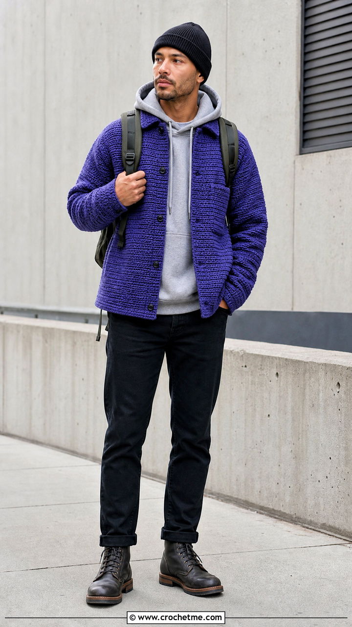 Crochet Shirt Jacket With Hoodie And Jeans - 35 crochet shirts for men outfit ideas
