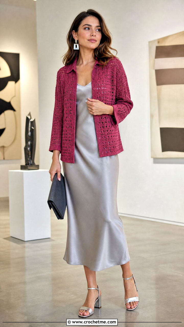 Crochet Shirt Jacket With Slip Dress - 35 crochet shirts outfit ideas