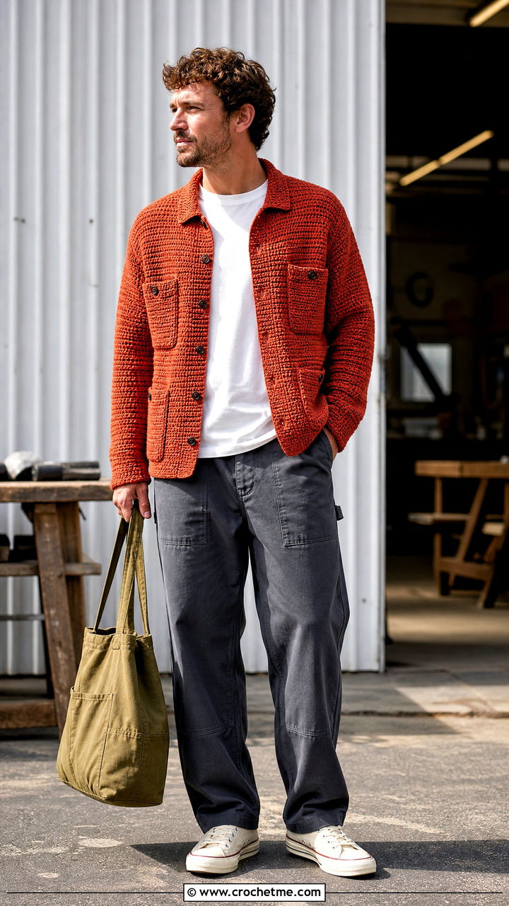 Crochet Shirt Jacket With T Shirt And Work Pants - 35 crochet shirt men outfit ideas