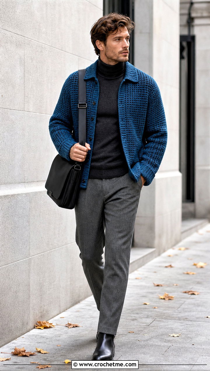 Crochet Shirt Jacket With Turtleneck And Trousers - 35 men's crochet shirt outfit ideas