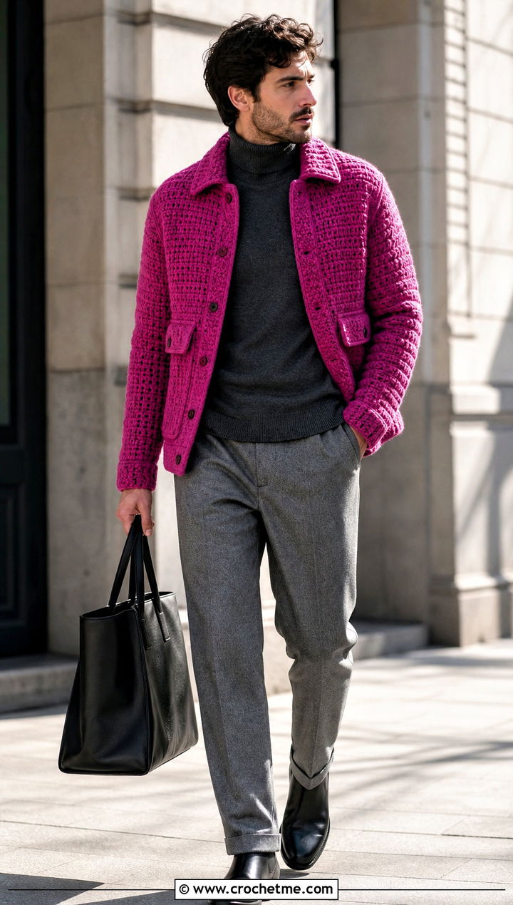 Crochet Shirt Jacket With Turtleneck And Trousers - 35 crochet man shirt outfit ideas