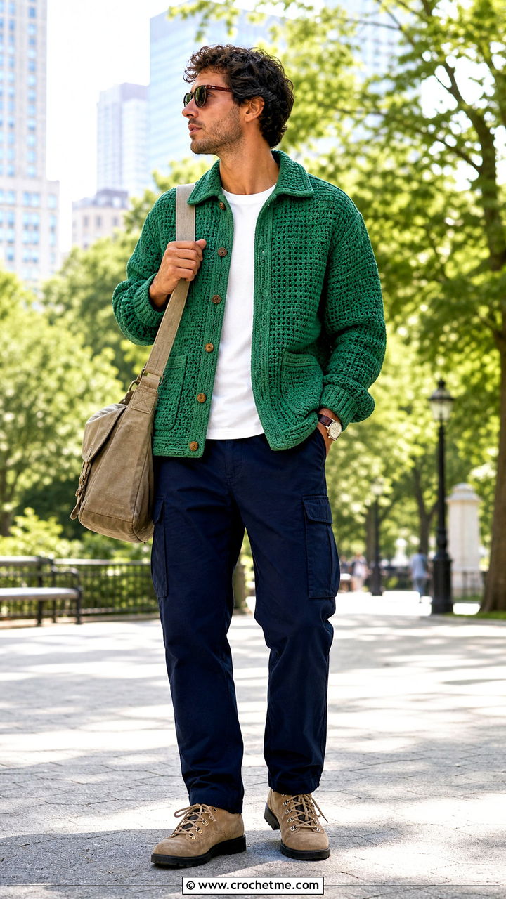Crochet Shirt Jacket With Utility Cargos - 35 crochet top for men outfit ideas