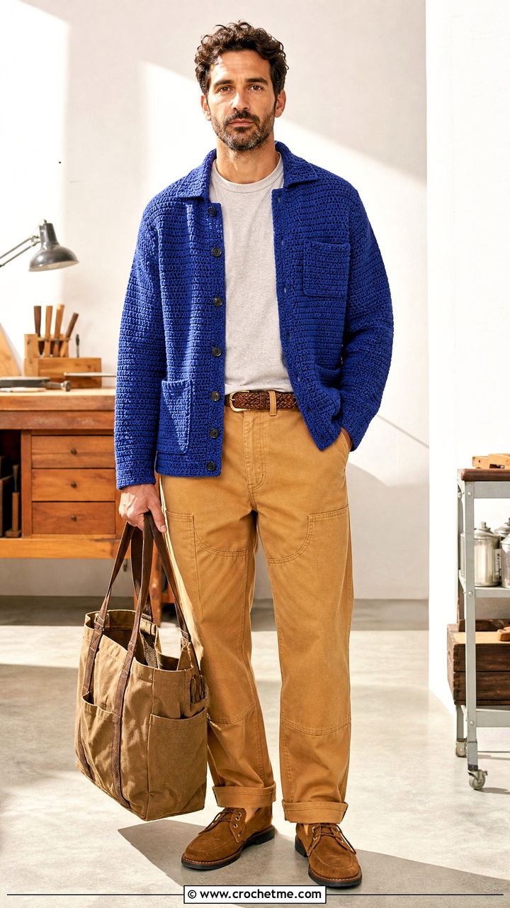 Crochet Shirt Jacket With Workwear Pants - 35 crochet mens shirt outfit ideas